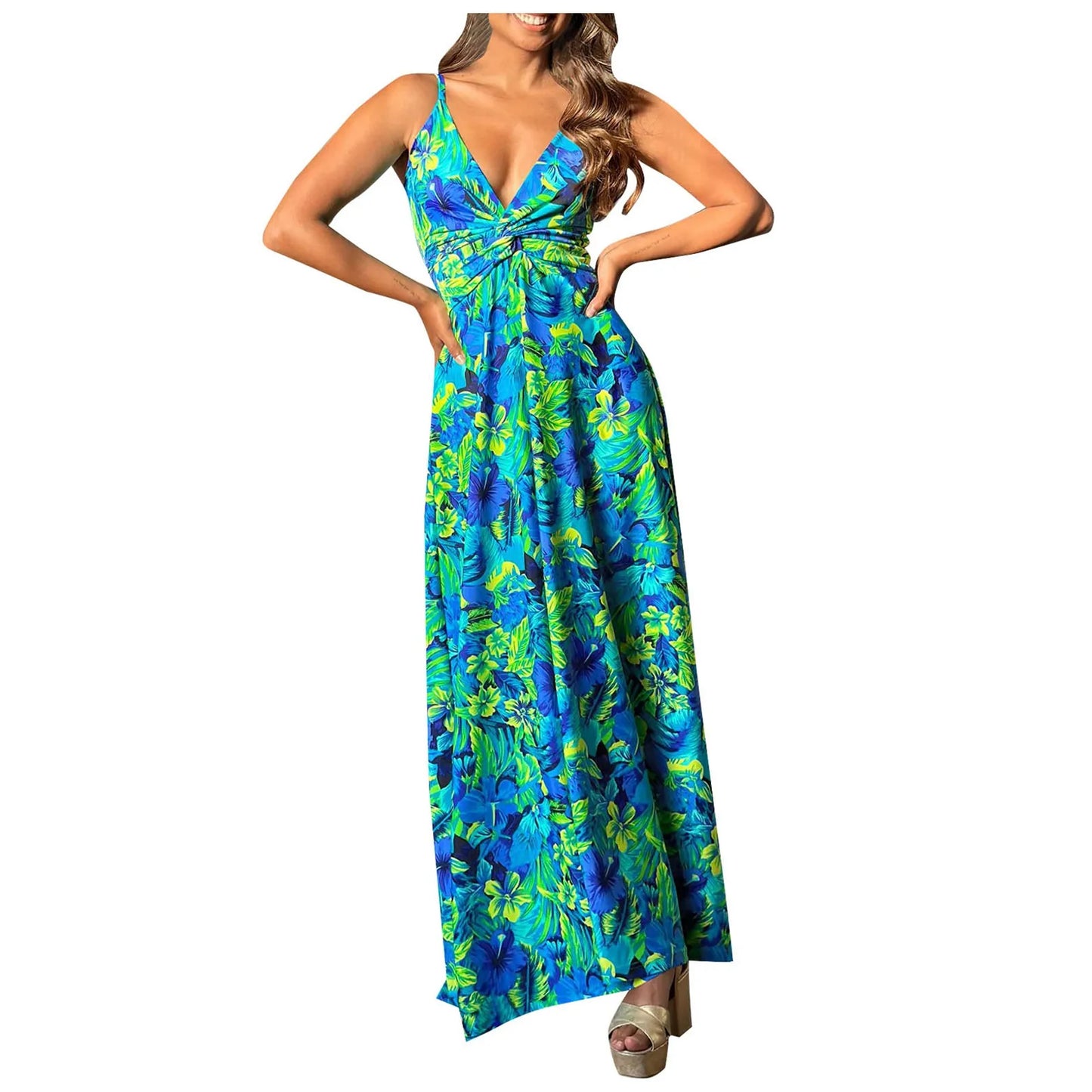 Boho Dress Floor Length Women's Spaghetti Strap Backless Maxi Dress Large Swing Casual Holiday Wrapped Knot Long Dress Vestidos