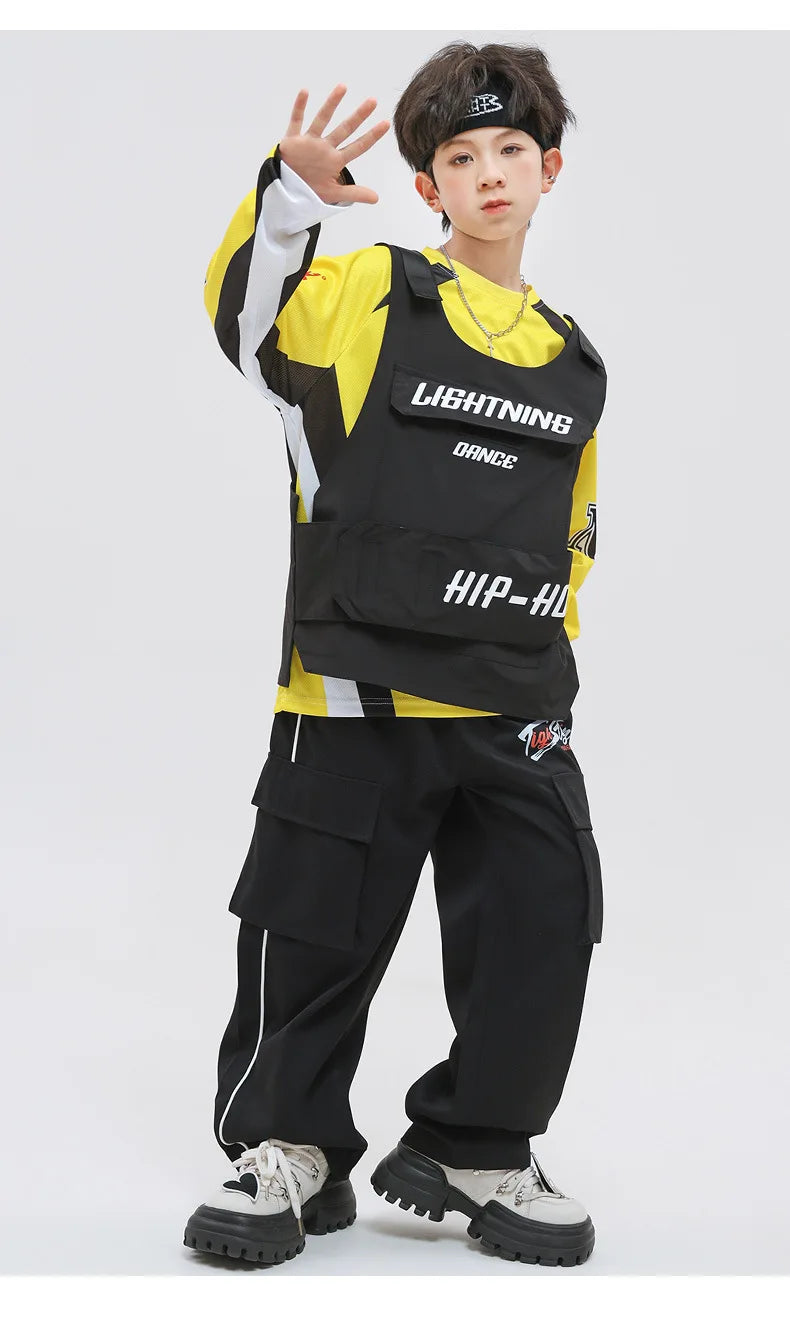 Kid Hip Hop Clothing Yellow Racing Long Sleeve T Shirt Vest Black Casual Cargo Pants for Girls Boys Jazz Dance Costume Clothes