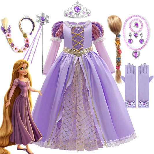 Kids Luxury Rapunzel Dress for Princess Girl Tangled Cosplay Costume Baby Halloween Dress Up Carnival Birthday Party Clothes