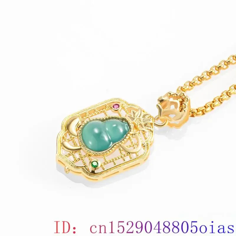 Blue Jadeite Gourd Pendant Necklace 18K Gold Plated Natural Burmese Jade Accessories Gifts for Women Real Jewelry Charms Gift