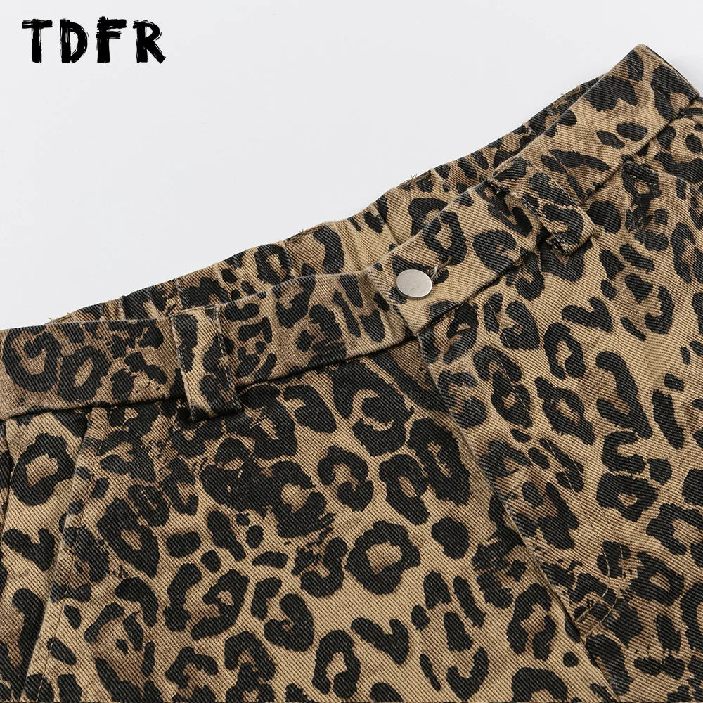 Leopard Print Cargo Pants Mens Multi-Pocket Retro Streetwear Straight Loose Wide Leg Trousers Men