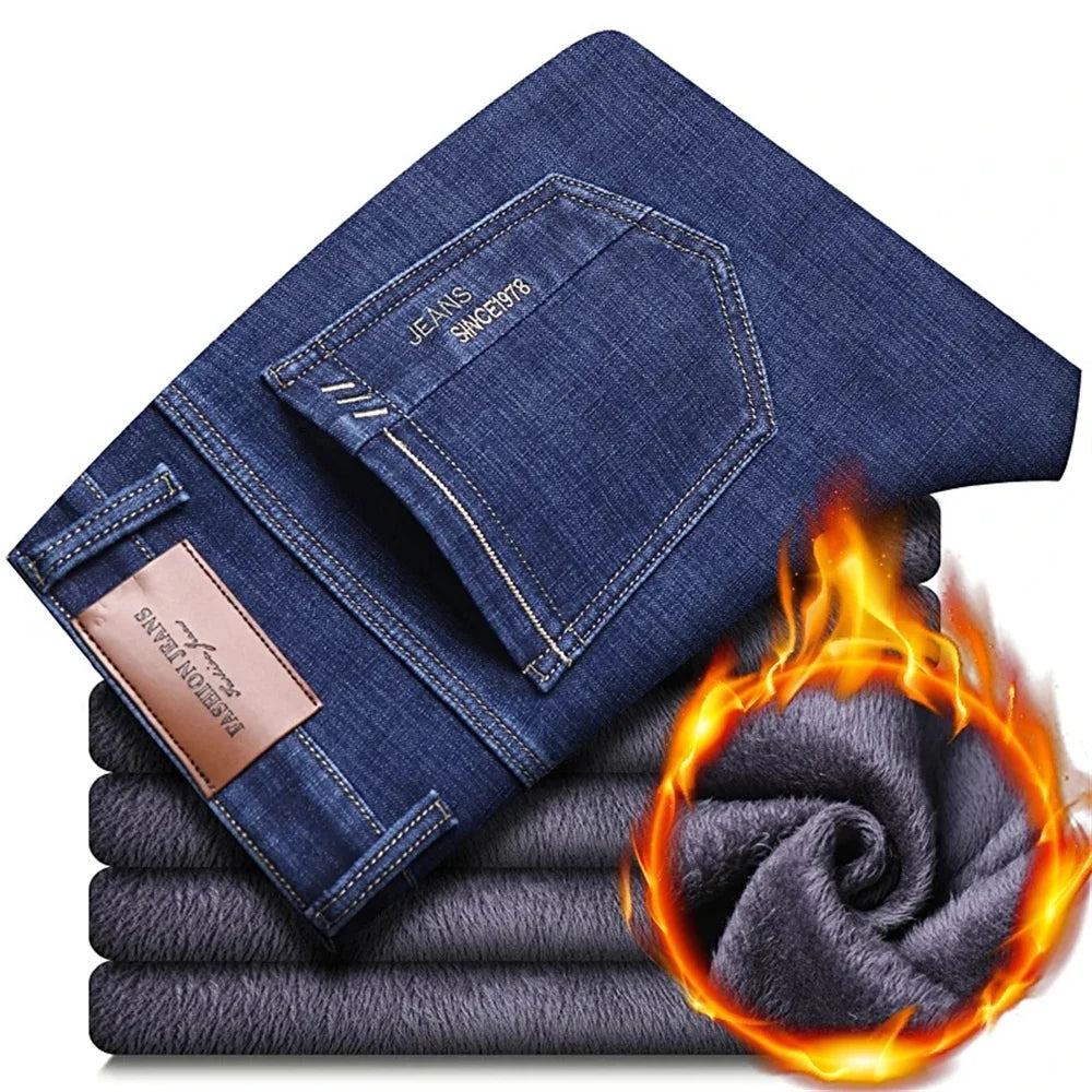 Men's Classic Regular Fit Fleece Jeans Business Fashion Loose Casual Stretch Pants Male Brand Plus Velvet Padded Warm Trousers