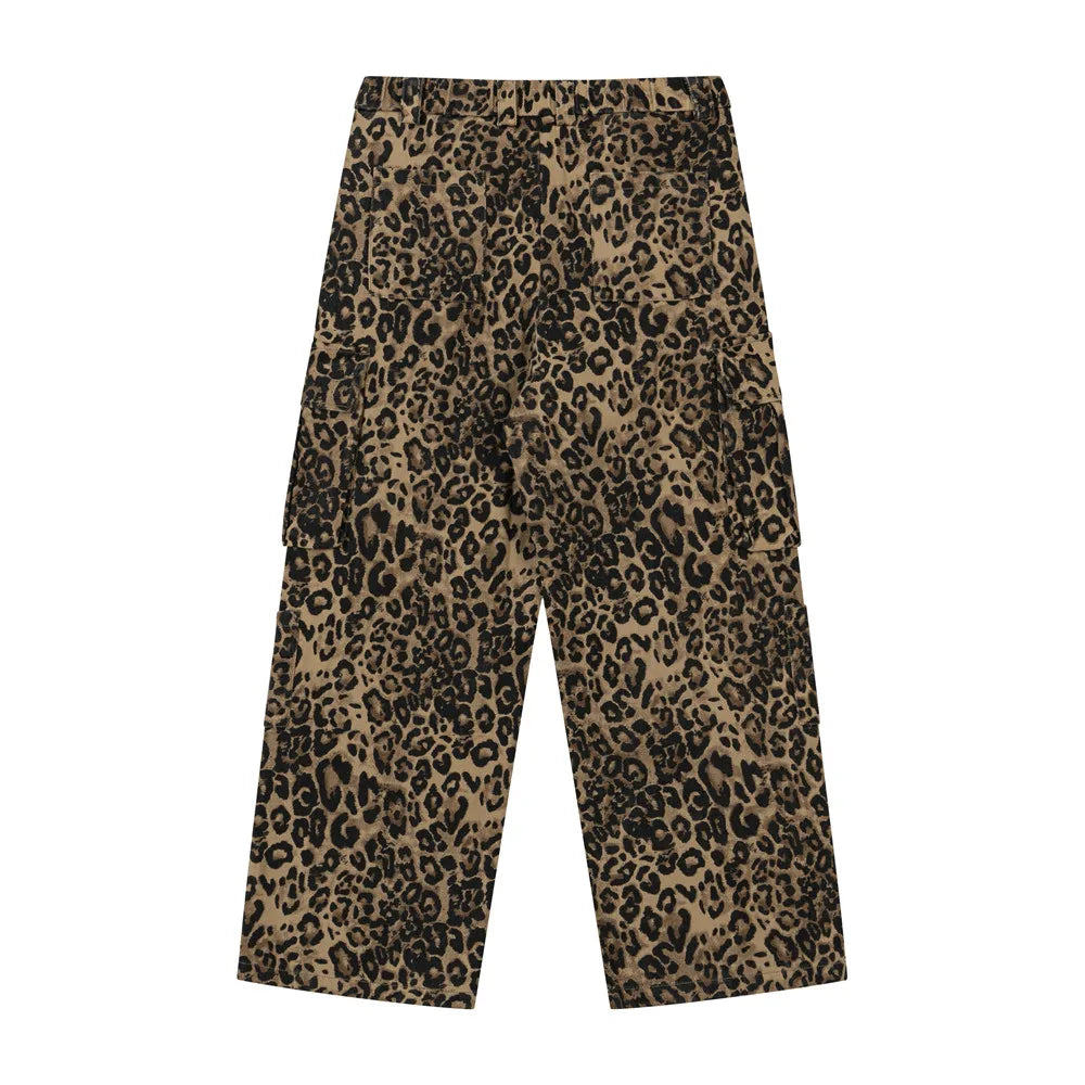 Leopard Print Cargo Pants Mens Multi-Pocket Retro Streetwear Straight Loose Wide Leg Trousers Men