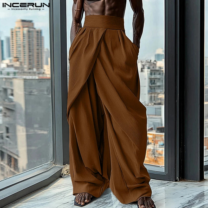 INCERUN American Commuting Men Long Loose Pants 2024 Handsome Boy High Waist Solid Color Trousers Fold Cross Wide Leg Bottoms