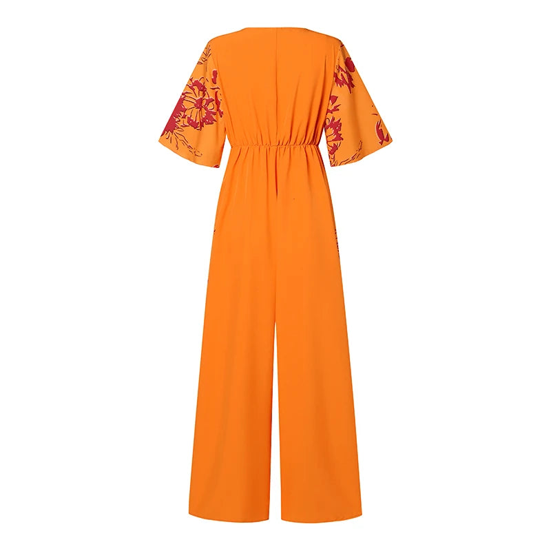 Plus Size 5XL VONDA Women Summer Jumpsuits Sexy V-Neck Flare Sleeve Printed Long Romper Casual High Elastic Waist Playsuits