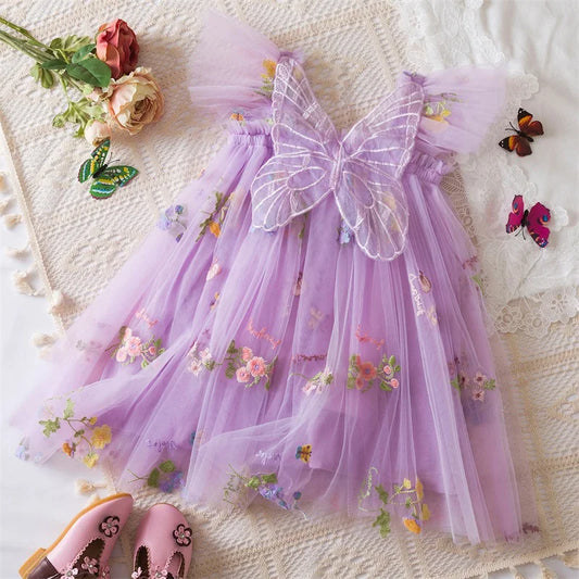 0-5 Years Girls' Dress Butterfly Dress for Summer New Flying Sleeve Mesh Princess Dress Baby Girls Floral Embroidery Clothes