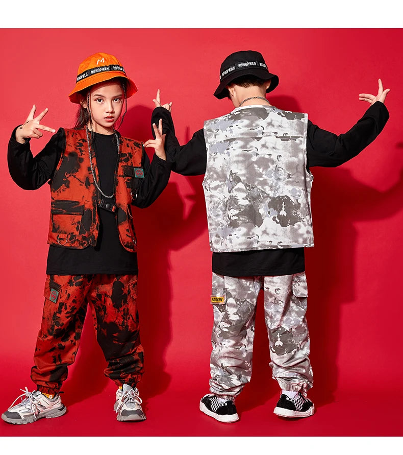 Modern Hip Hop Dance Clothes Kids Costume Camouflage Vest Pants Girls Long Sleeves Suit Boys Street Dance Outfit Rave Wear L9730