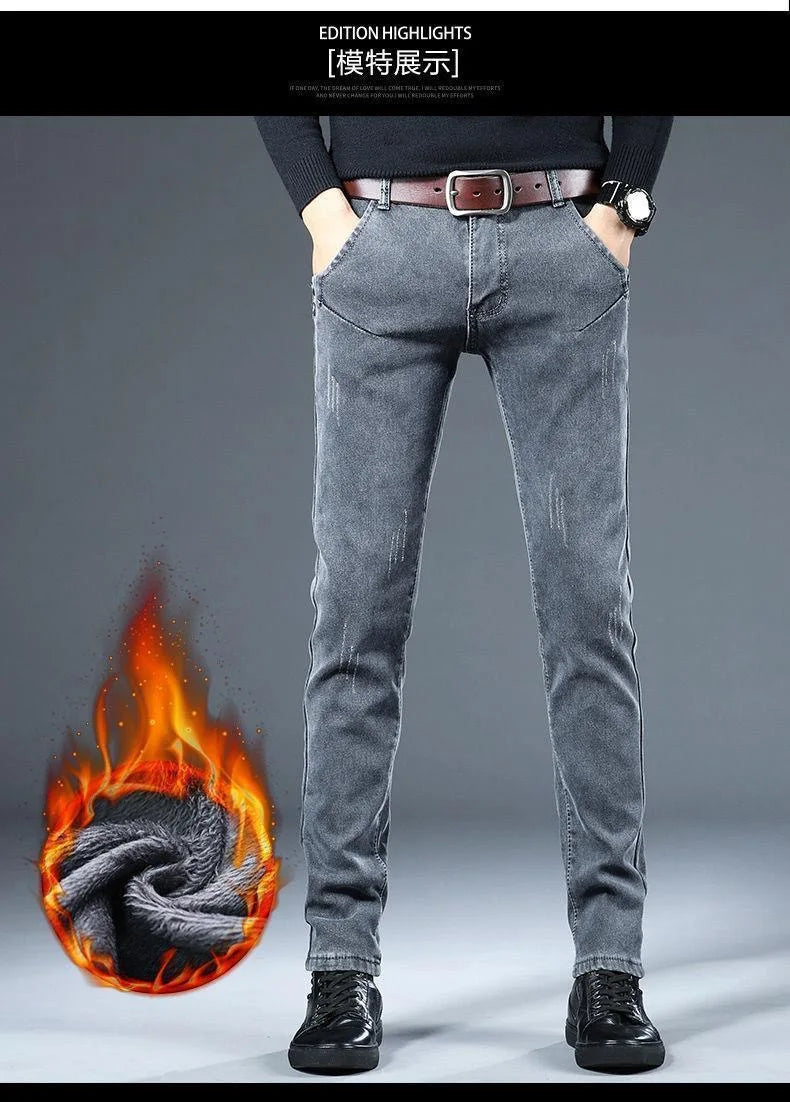 2024 Winter New Fashion Plus Fleece Thick Warm Jeans Men's Casual Relaxed Comfortable Stretch High Quality Plus-Size Pants 28-36