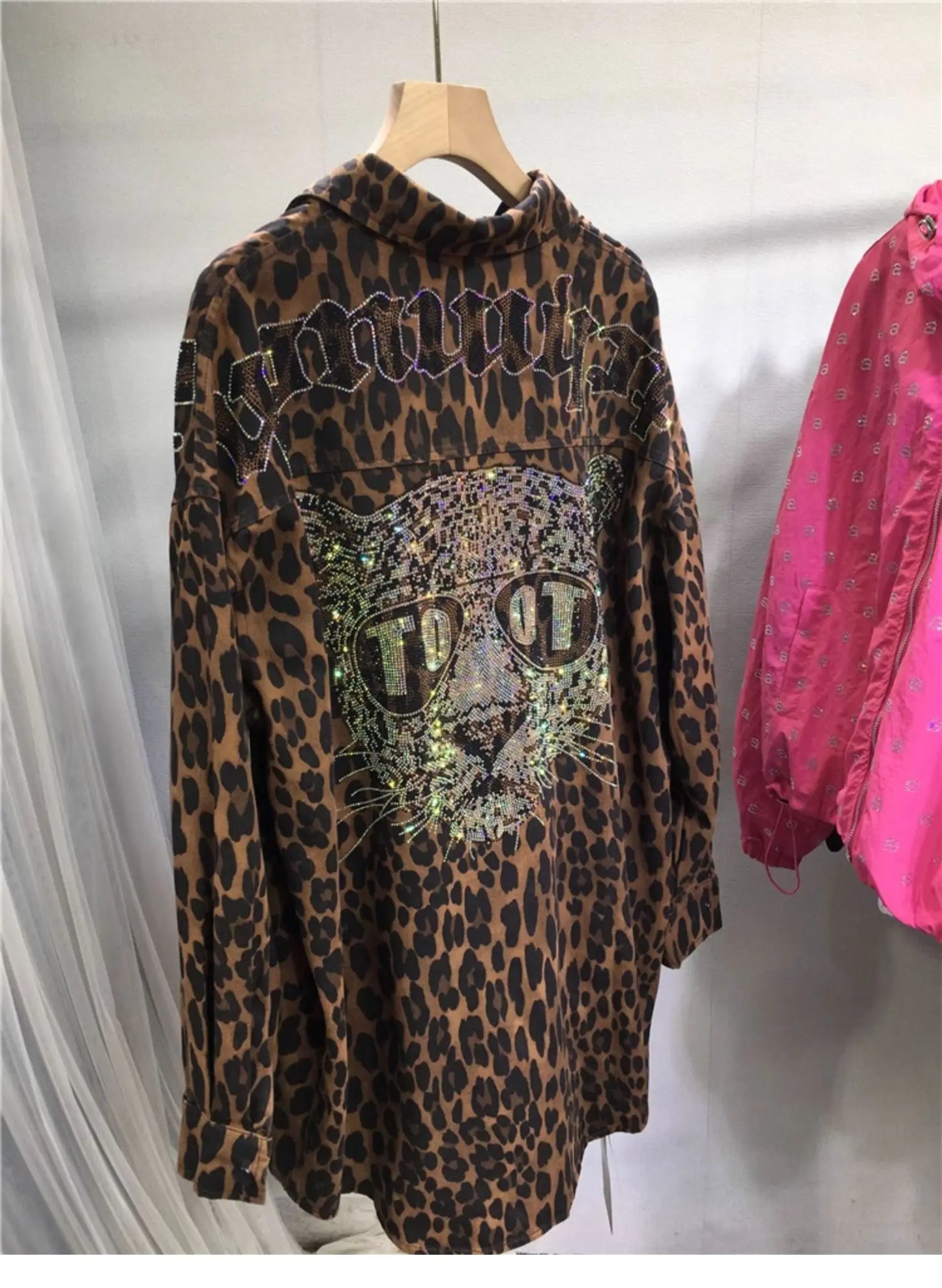 European Goods Heavy Industry Hot Diamond Shirt Women Domineering Tiger Head Leopard Print Cardigan Loose Autumn and Winter Coat