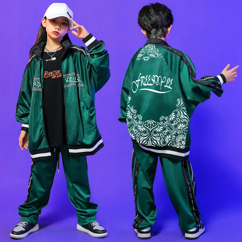 Kids Hip Hop Clothing Green Long Sleeves Outfit Coat Pants Boys Girls Modern Street Dance Costume Concert Show Clothing BL9005