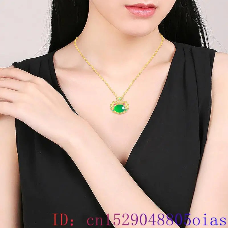 Green Real Jade Ruyi Pendant Necklace Gifts for Women Fashion Choker 18K Gold Plated Men Natural Jewelry Stone Vintage Charm