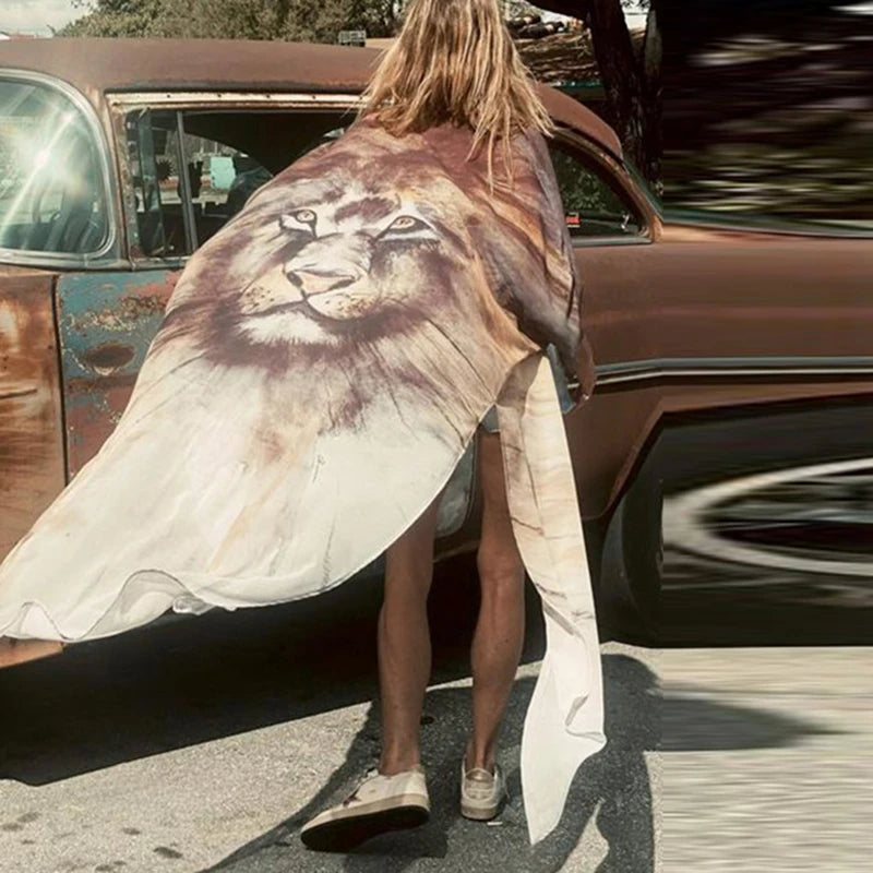 Fashion Asymmetrical Irregular Shirt Dress Women Chic Lion Print Cloak Beach Dress Street Style Party Dress Vestidos De Fiesta