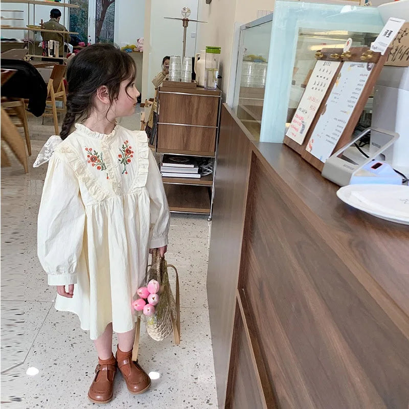 Baby Girl Princess Cotton Dress Embroidery Flower Infant Toddler Child Vintage Dress Long Sleeve Vestido Baby Clothes 1-7Y