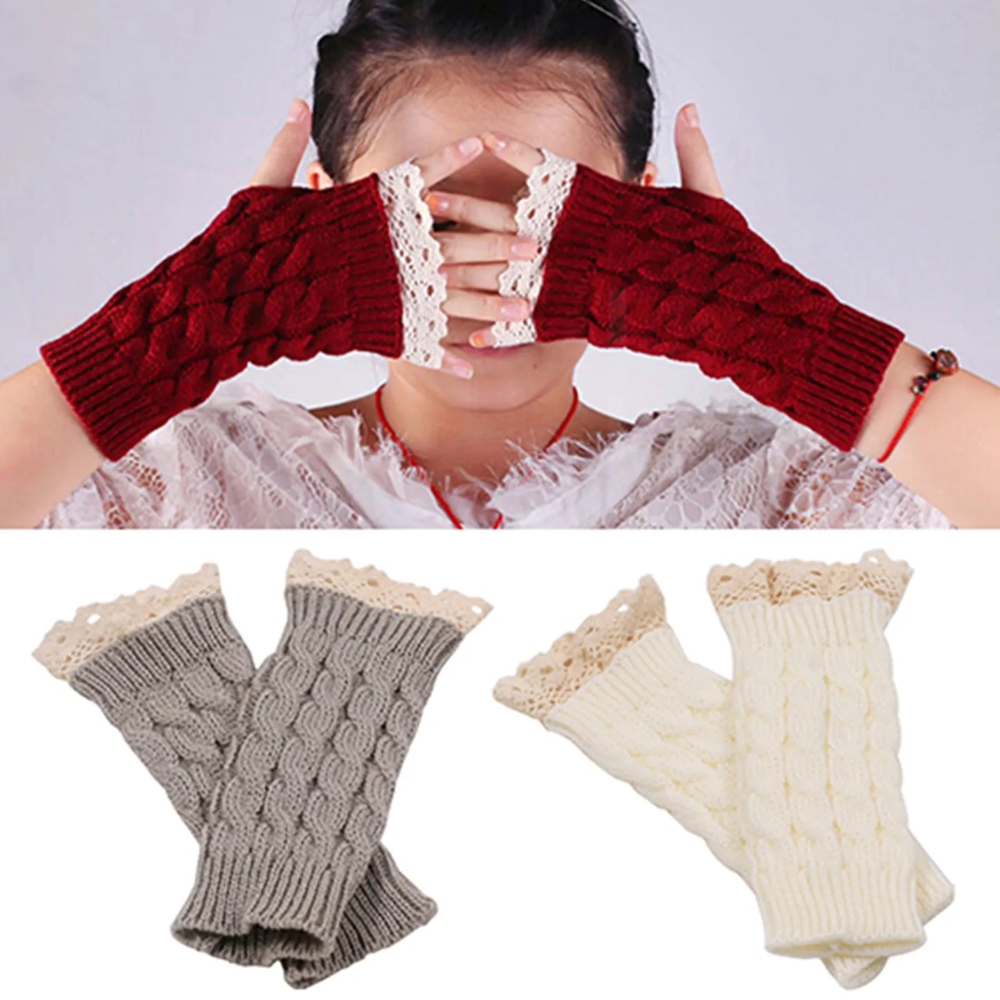 Women Knitted Arm Warmers Long Fingerless Lace Gloves Knitted Warm Mitten Wrist Elbow Warmer Winter Gift Autumn Winter Gloves