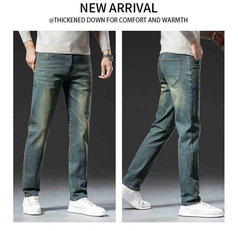 Winter New Men's Brand Thick Brushed Jeans Casual Elastic Comfortable Straight Fashion Retro Fleece Denim Trousers