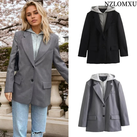 (BlzSuit) Women's Fashion Design New Single breasted Long sleeved Hooded Panel Casual Suit Coat