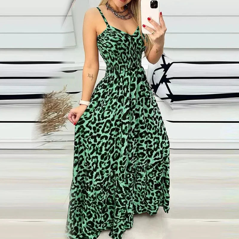 Summer Women's Leopard V-neck Suspender Dress Bohemian Style High Waist Sexy Temperament Fashion Dress Holiday Party Sundress