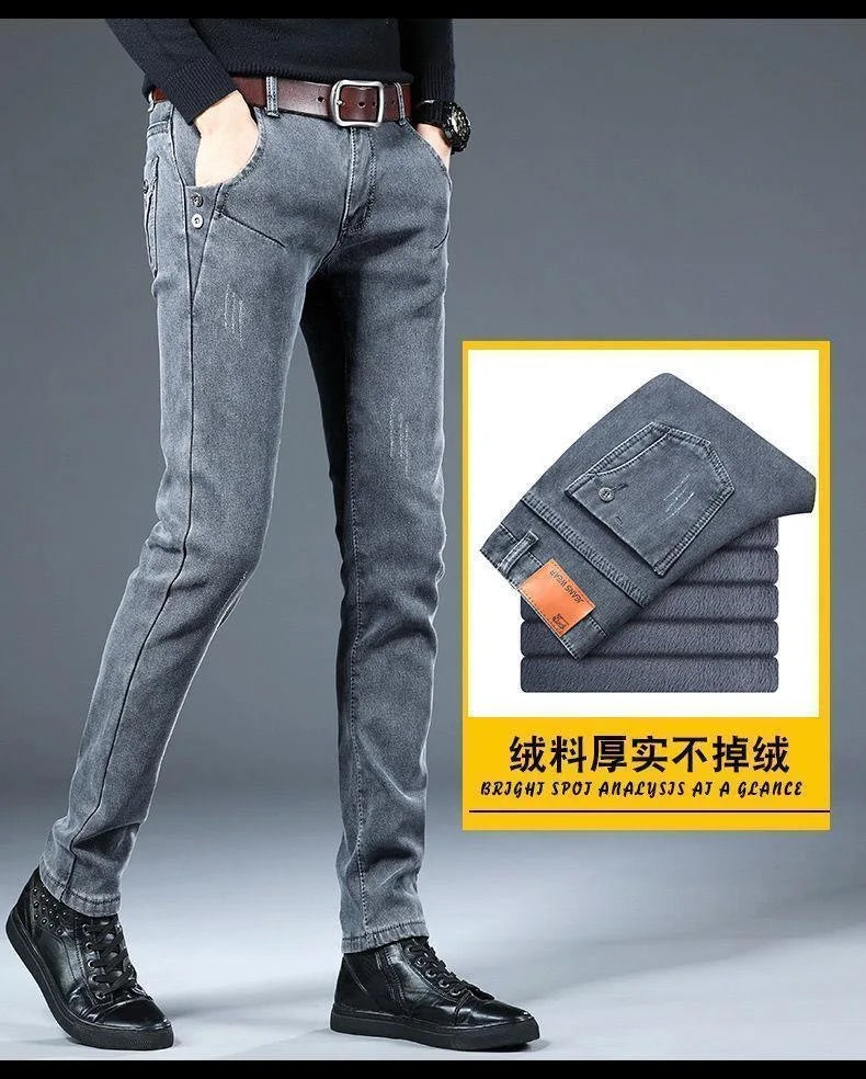 2024 Winter New Fashion Plus Fleece Thick Warm Jeans Men's Casual Relaxed Comfortable Stretch High Quality Plus-Size Pants 28-36