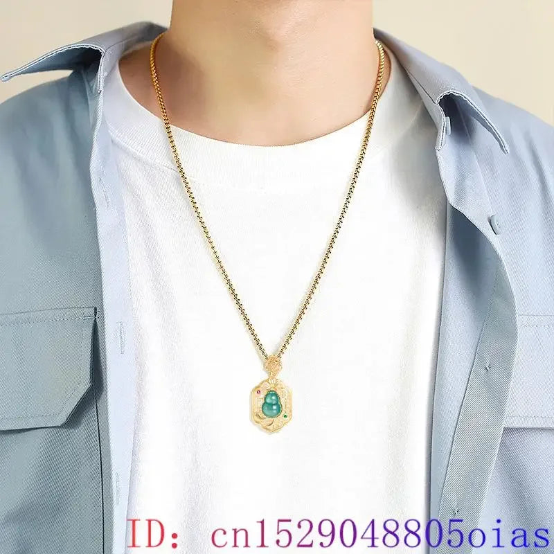 Blue Jadeite Gourd Pendant Necklace 18K Gold Plated Natural Burmese Jade Accessories Gifts for Women Real Jewelry Charms Gift
