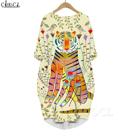 CLOOCL Fashion Printed Dress Funny Cartoon Tiger Flower Pattern Long Sleeves Pocket Dress Female Oversized Clothing Autumn 2022