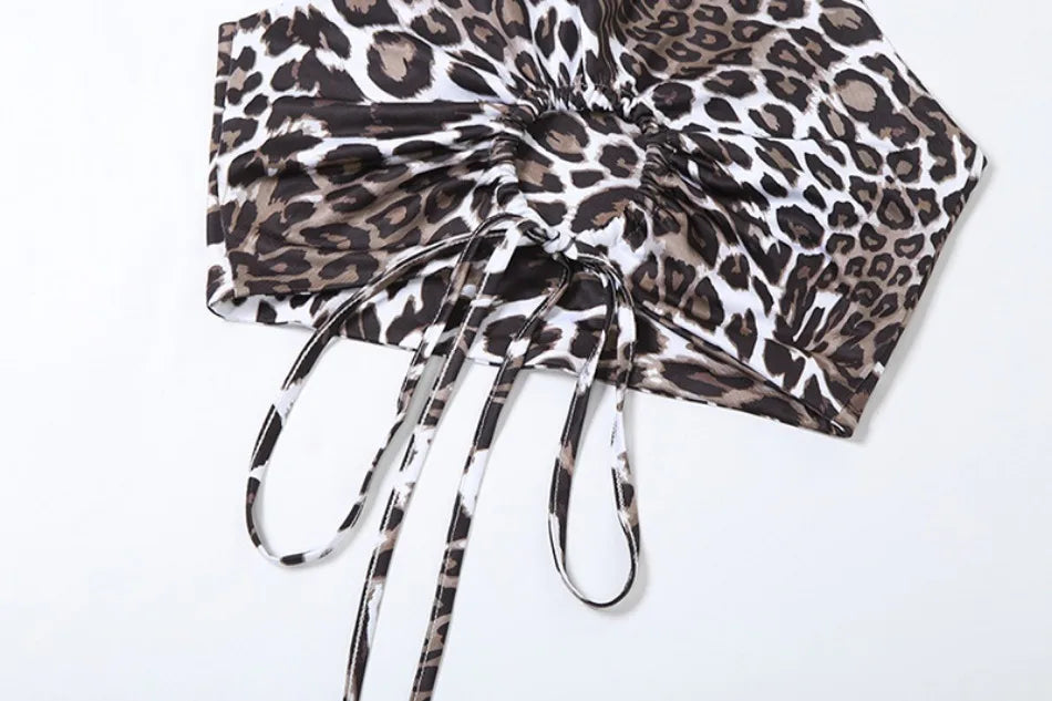 2024 Summer Women's Dress Set Elegant Sexy Backless Sleeveless Lace-up Top Slim Fit Long Skirt Leopard Print Suit Holiday Beach