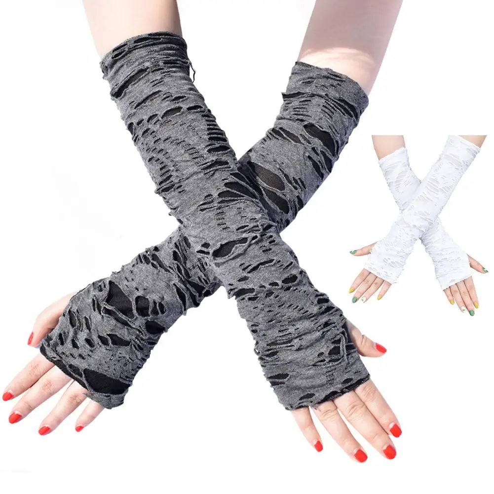 Breathable Fingerless Gloves Punk Style Arm Sleeves Long Halloween Fingerless Gloves with Ripped Holes for Adult Cosplay Unique