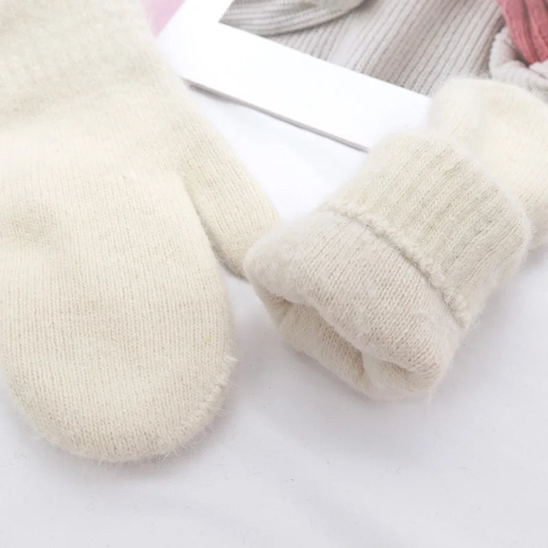 1Pair Cute Winter Double-layer Rabbit Hair Gloves Female Plush Solid Color All Fingers Women Girls Soft Thicken Warm Mittens