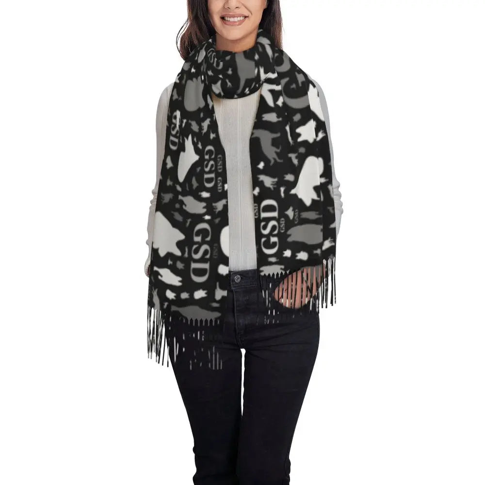 German Shepherd Courage Scarf Wrap Women Long Winter Fall Warm Tassel Shawl Unisex Alsatian Wolf Dog Lover Scarves