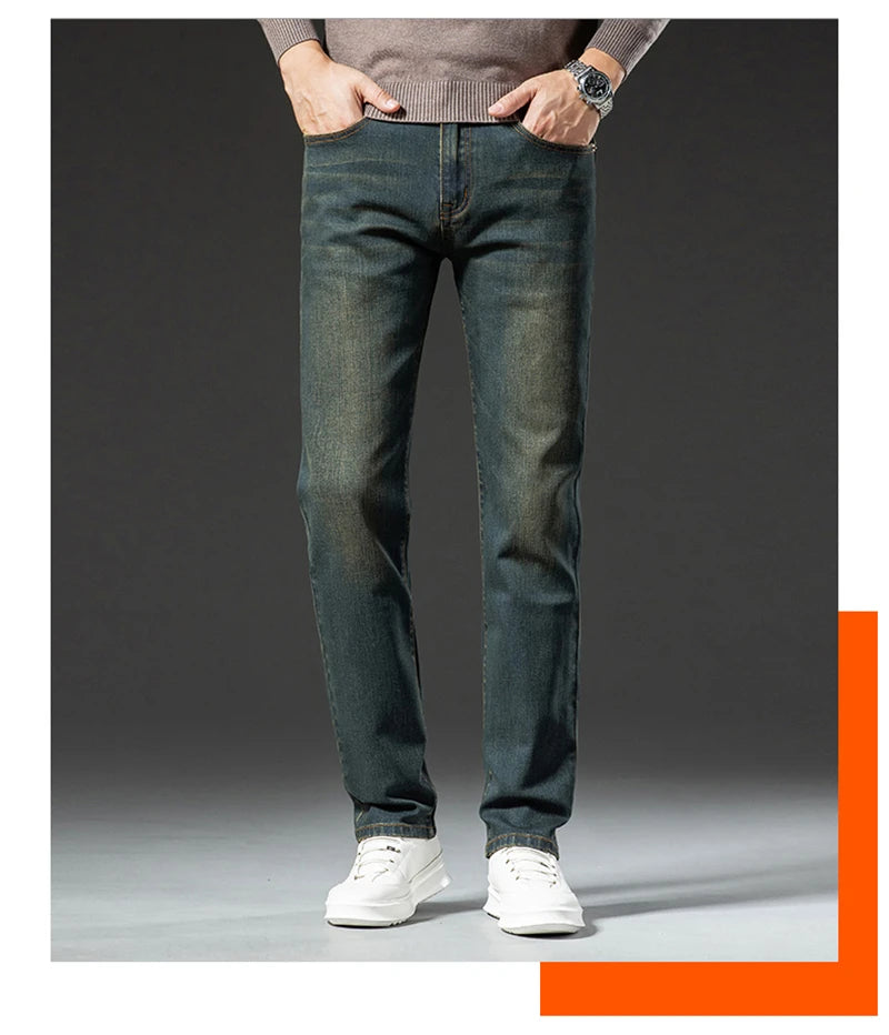 Winter New Men's Brand Thick Brushed Jeans Casual Elastic Comfortable Straight Fashion Retro Fleece Denim Trousers