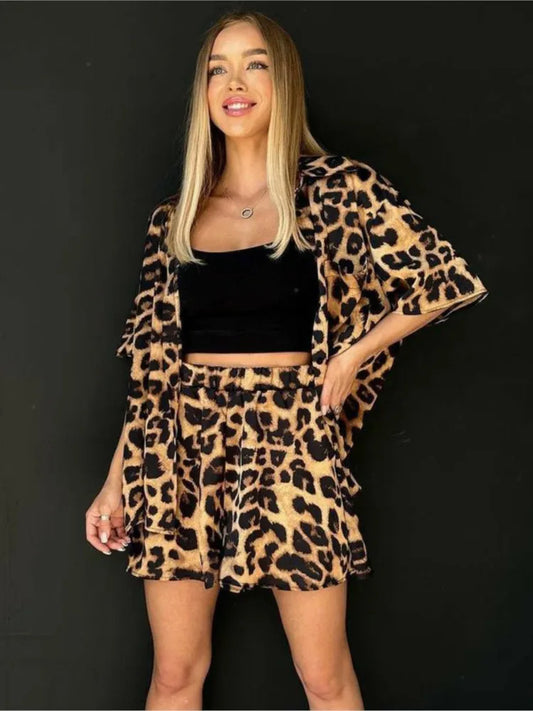 Summer Short Sets Two Piece Set For Women Leopard Print Fashion Sets Short Sleeves Shirts Shorts 2 Piece Suit Female Streetwear