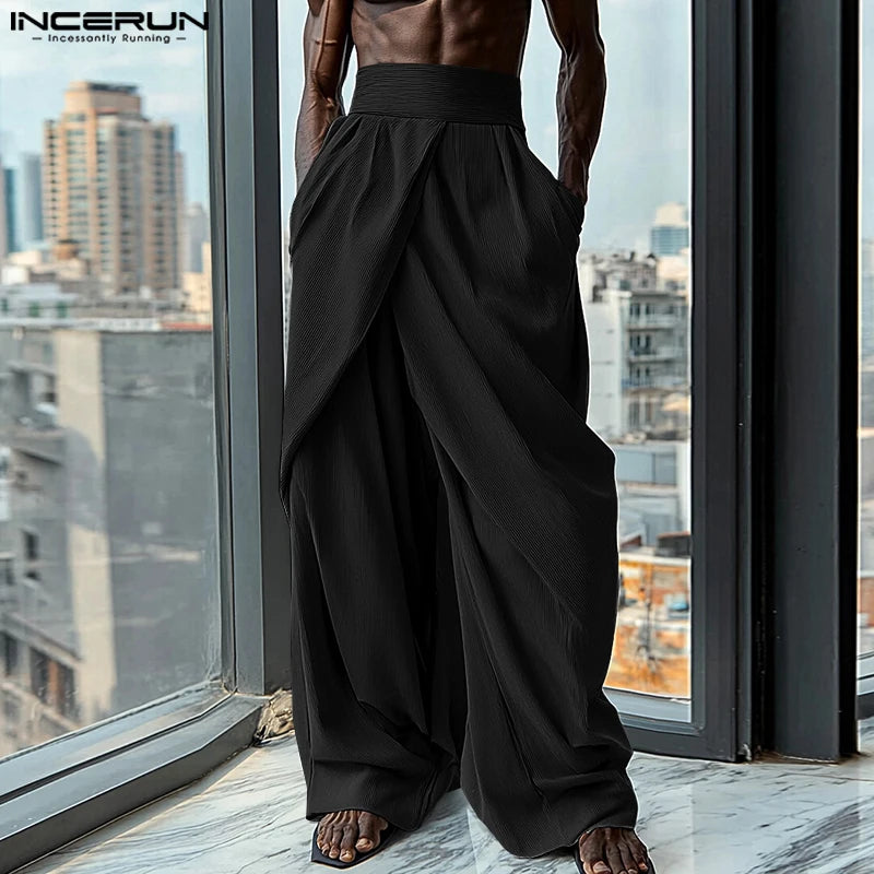 INCERUN American Commuting Men Long Loose Pants 2024 Handsome Boy High Waist Solid Color Trousers Fold Cross Wide Leg Bottoms