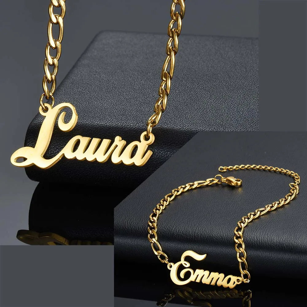 Diamon Jewelry Set Personalized Stainless Steel Customized Necklace Bracelet Letter Pendant Figaro Chain for Women Birthday Gift