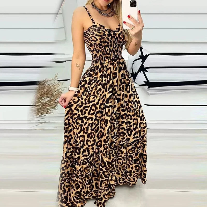 Summer Women's Leopard V-neck Suspender Dress Bohemian Style High Waist Sexy Temperament Fashion Dress Holiday Party Sundress