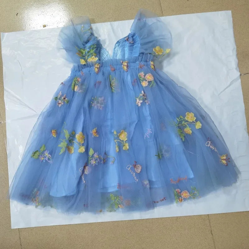 0-5 Years Girls' Dress Butterfly Dress for Summer New Flying Sleeve Mesh Princess Dress Baby Girls Floral Embroidery Clothes