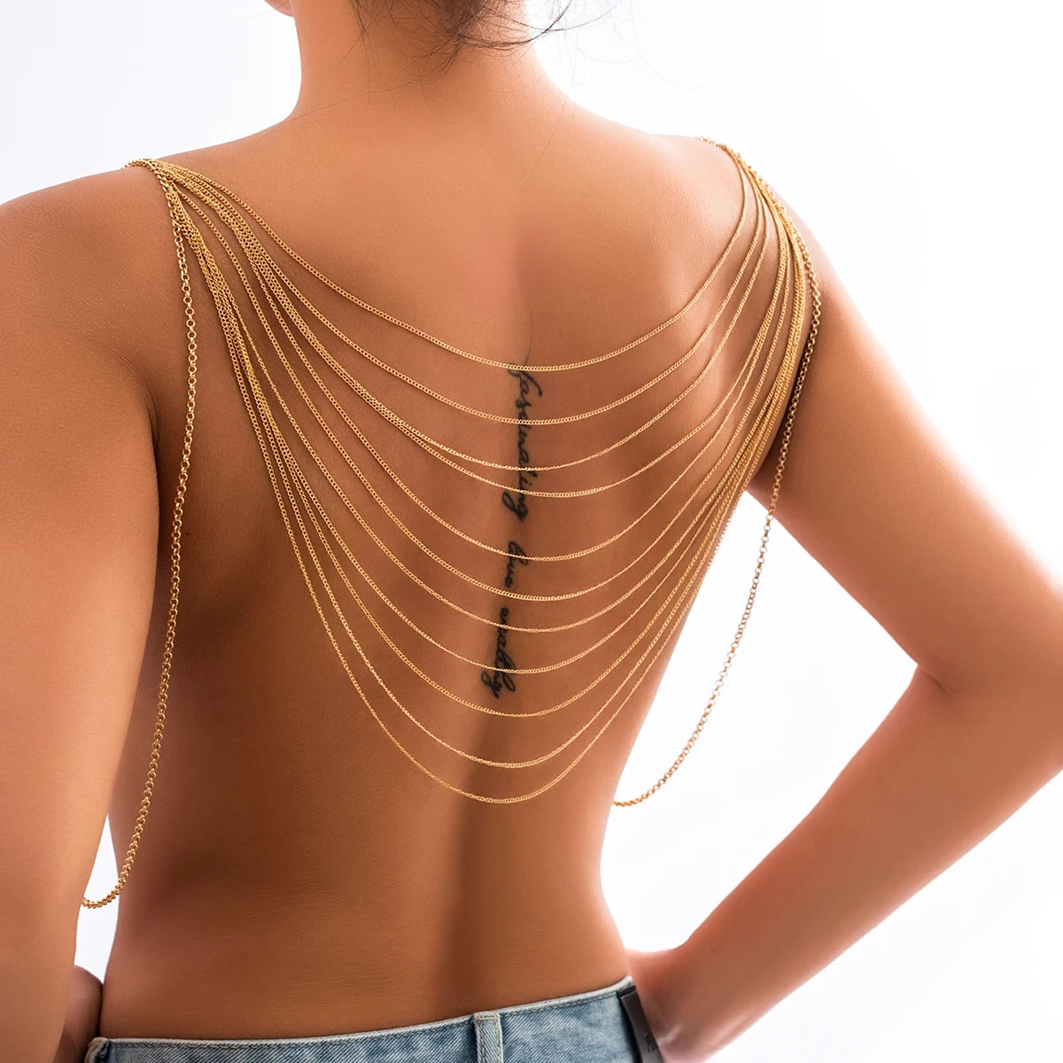 IngeSight.Z Punk Multilayer Metal Chain Tassel Bikini Back Body Chain Women Sexy Gold Color Harness Chest Chain Beach Jewelry