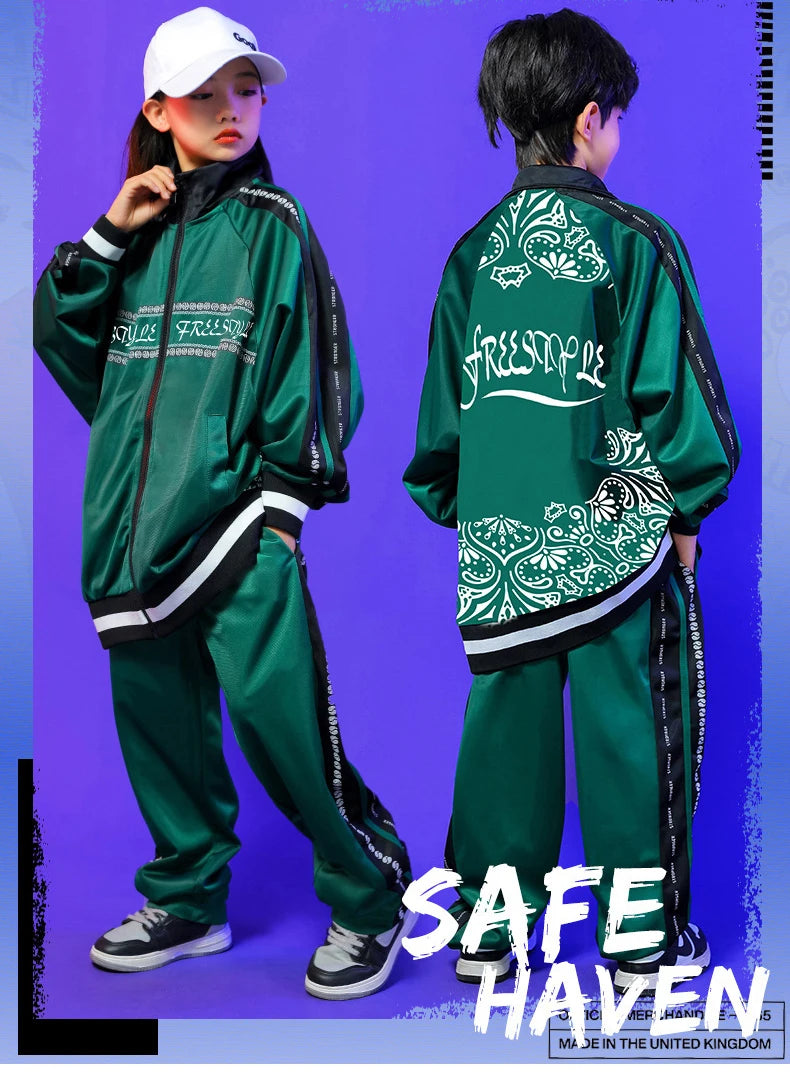 Kids Hip Hop Clothing Green Long Sleeves Outfit Coat Pants Boys Girls Modern Street Dance Costume Concert Show Clothing BL9005