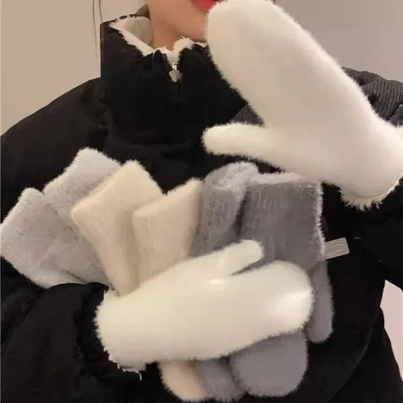 New Women Winter Keep Warm Gloves Plus Cashmere Solid Elasticity Soft Full Fingers Mittens Gloves Imitation Rabbit Fur Knitted