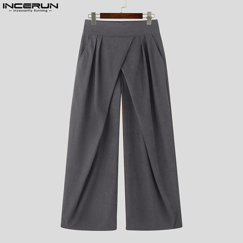 INCERUN American Commuting Men Long Loose Pants 2024 Handsome Boy High Waist Solid Color Trousers Fold Cross Wide Leg Bottoms