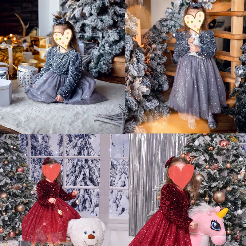 Sequin Girls Princess Party Dresses for 3-8 Yrs Kids Birthday Wedding Evening Prom Gown Spring Fall Long Sleeve Children's Dress