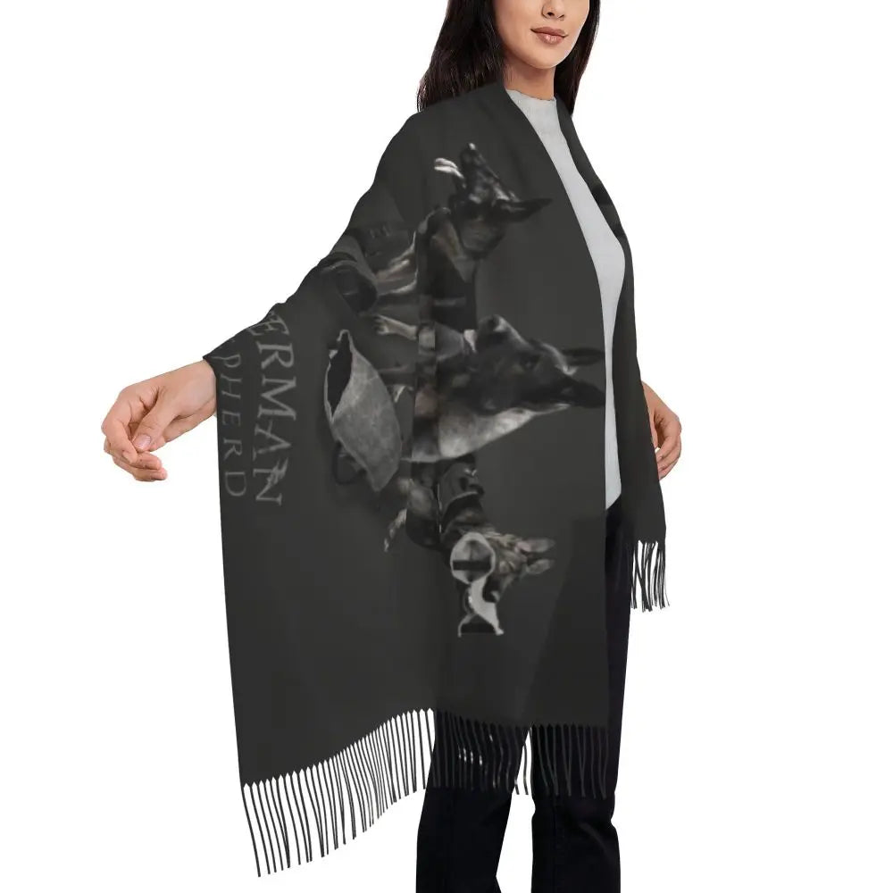 German Shepherd Courage Scarf Wrap Women Long Winter Fall Warm Tassel Shawl Unisex Alsatian Wolf Dog Lover Scarves
