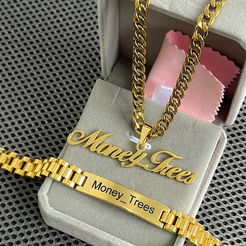 Personalized Custom Name 50cm Necklace Bracelet Punk Jewelry Sets For Men Women Stainless Steel 5mm Cuban Chain Birthday Gifts