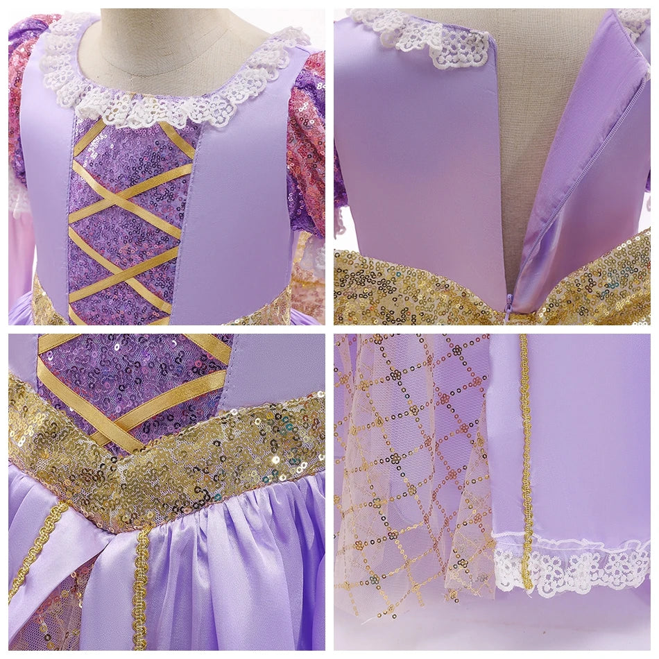 Kids Luxury Rapunzel Dress for Princess Girl Tangled Cosplay Costume Baby Halloween Dress Up Carnival Birthday Party Clothes