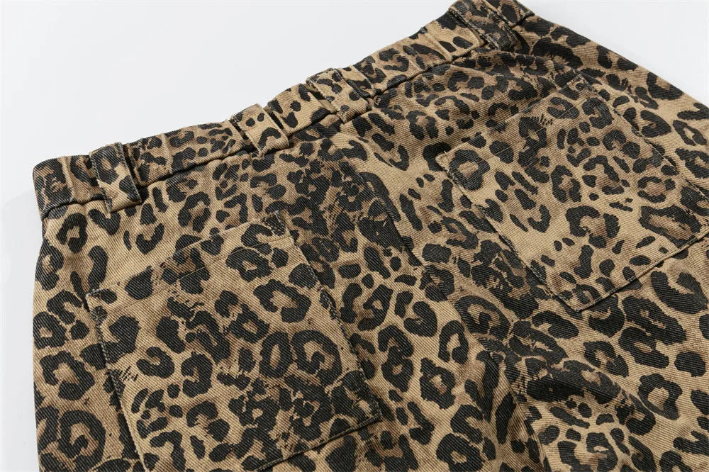 Leopard Print Cargo Pants Mens Multi-Pocket Retro Streetwear Straight Loose Wide Leg Trousers Men