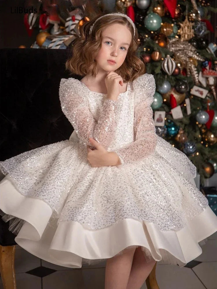 2024 Girls Dress Sequin Mesh Long-sleeved Birthday Party Outfit  New children's Clothes Matching Baby Opening Ceremony Prom