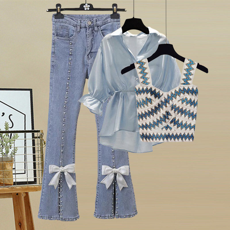 Spring/Summer Fashion Women Three Piece Set Temperament Chiffon Shirt Small Fragrant Knitted Back Temperament Split Jeans