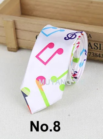 Classic Fashion Men's Skinny Tie Colorful Musical Notes Printed Piano Guitar Polyester 5cm Width Necktie Party Gift Accessory