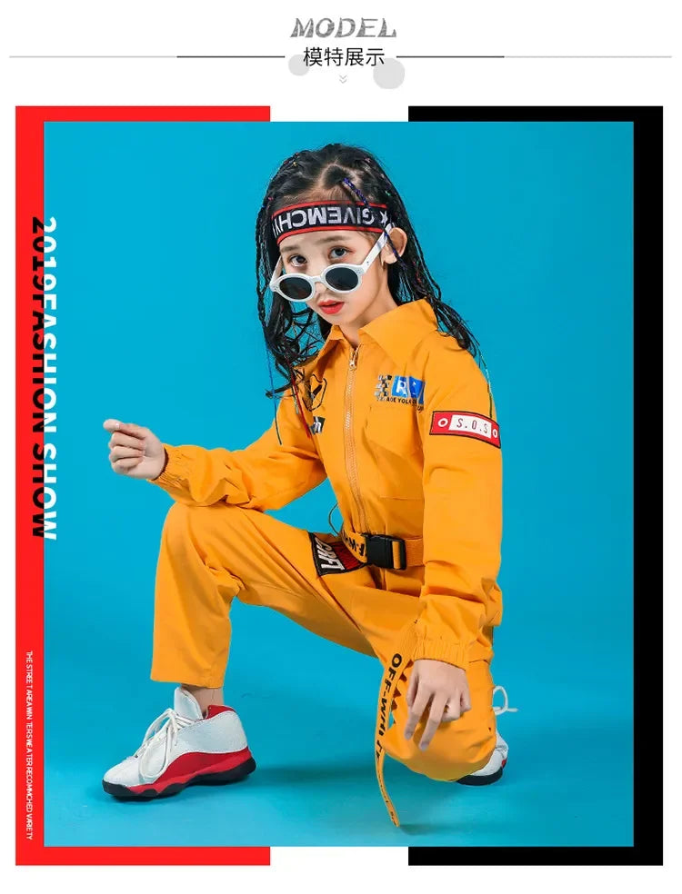 Kids Boys Girls Long Sleeve Casual Jumpsuit Cargo Pant Children Teenager Streetwear Hip Hop Playsuits Dance Stage Show Clothing