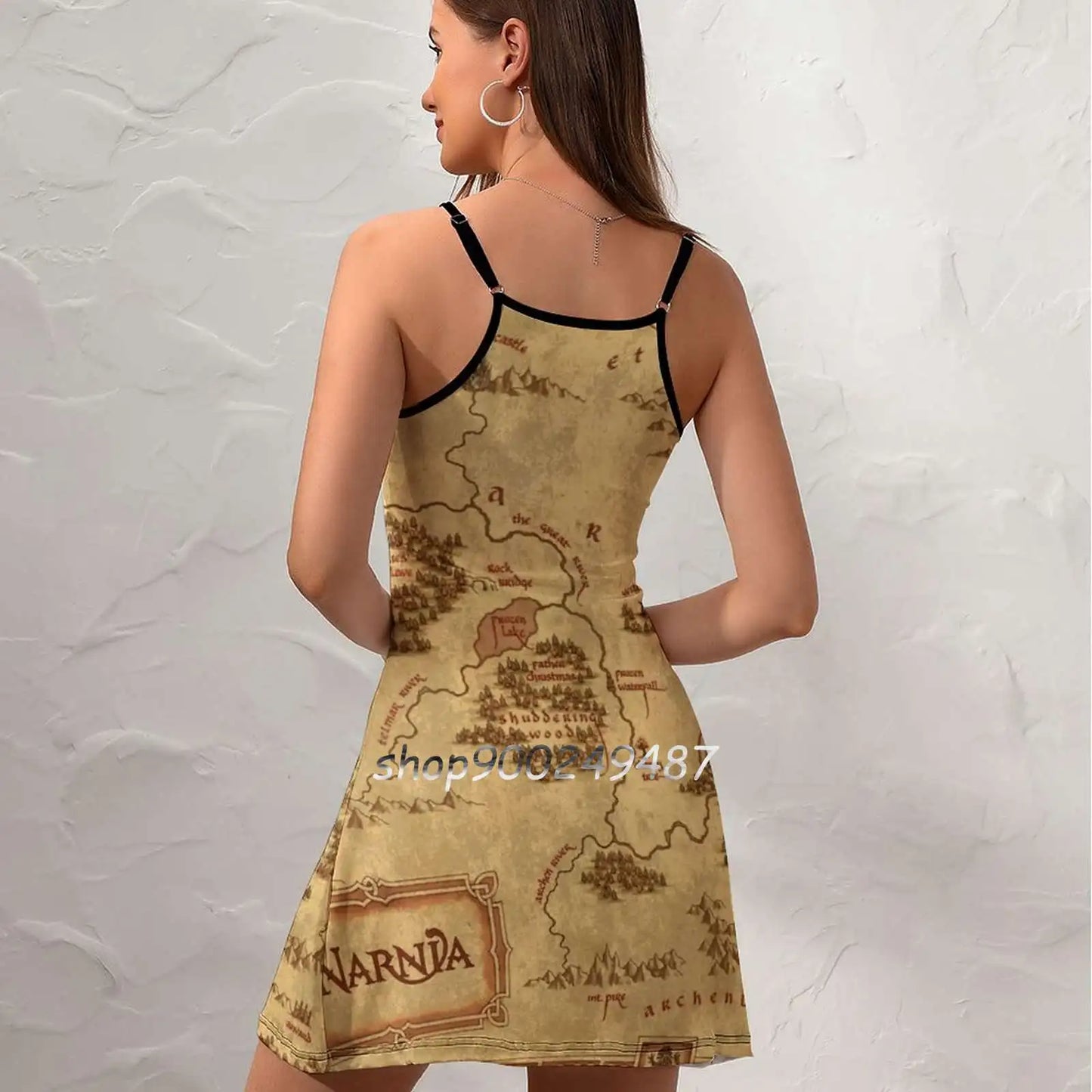 Map Square Neck Dress Sweet Summer Dress Women Elegant Halter Print Dress Map Fantasy Lion World Magic Tv Series Movies America