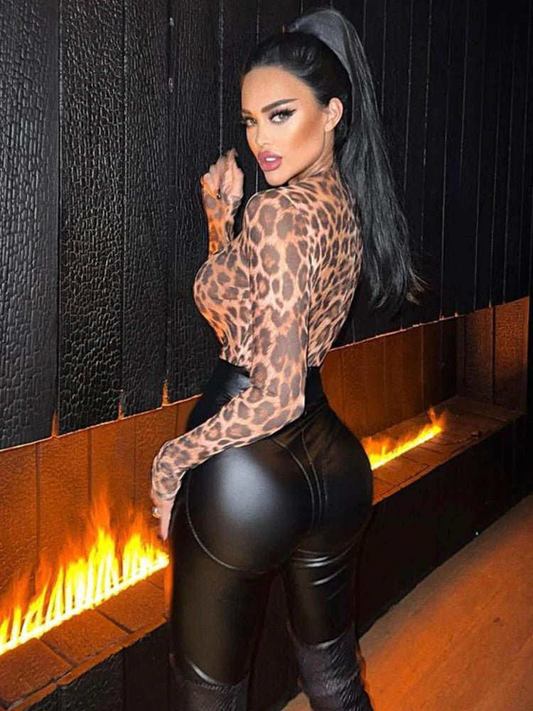 Ahagaga Fashion Club Leopard Printed Sexy Women Bodysuits Casual O-neck Slim Sheath Rompers T Shirts Streetwear Full Sleeve Tops