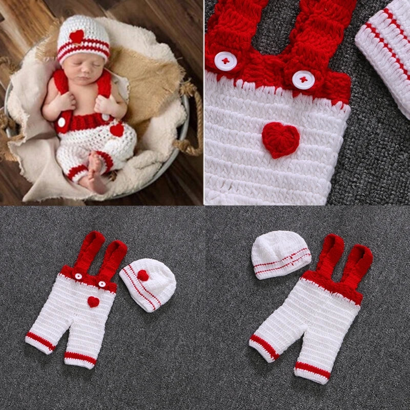 Fashion Newborn Photography Prop Overalls Pants Photography Outfits Crochet Hat Pants Bodysuit for 0-3 Month Boys Dropship